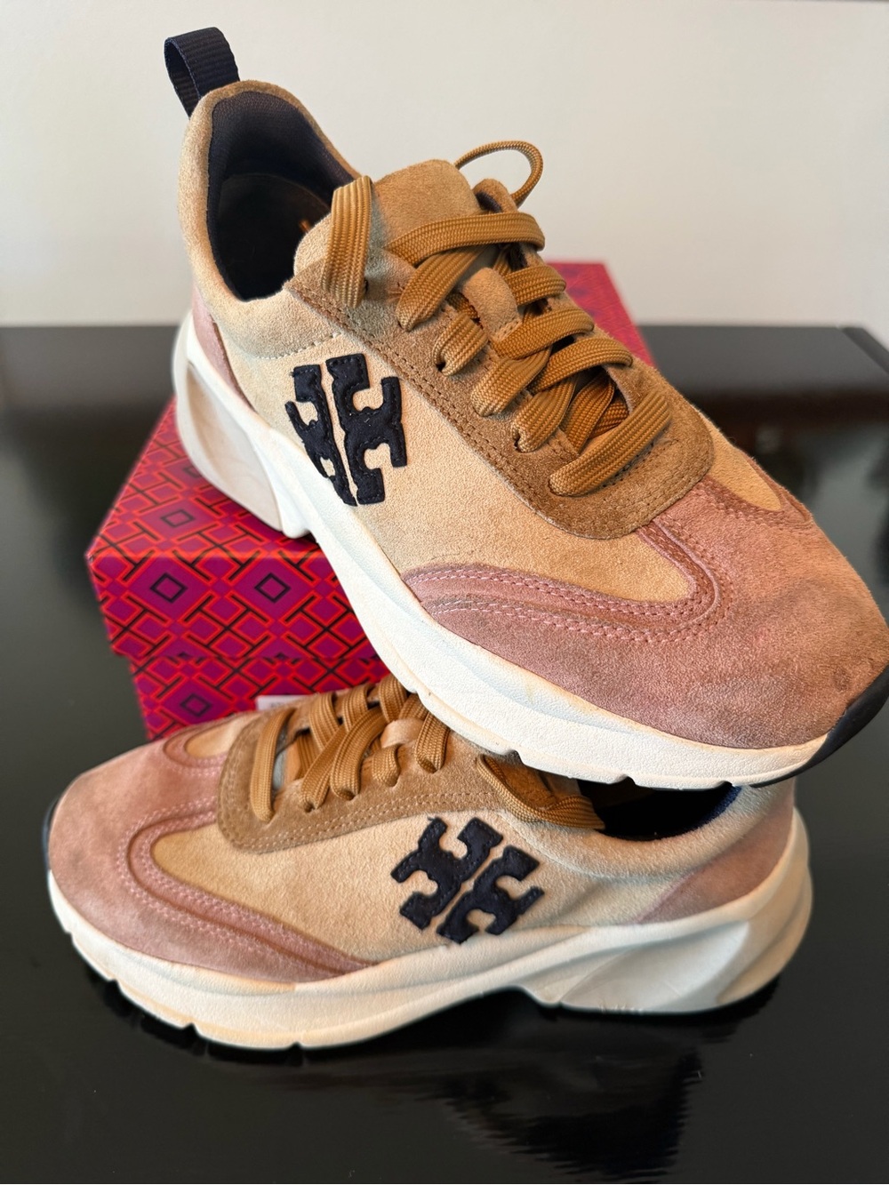 Tory Burch Two-Tone Suede Platform Sneaker in Tan & Dusty Rose